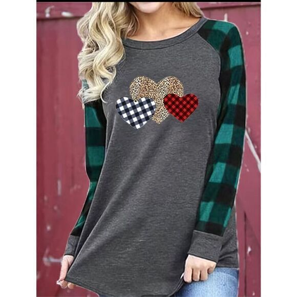 Long sleeve heart Valentineās Day Tunic Top Buffalo plaid sizeāXXL T-Shirt - Picture 3 of 9